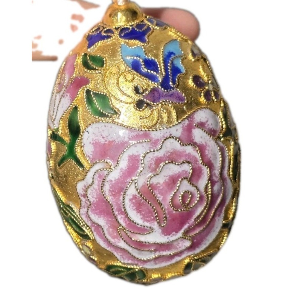 Cloisonne Egg Ornament Flowers Butterfly Gold Enameled 3.5"